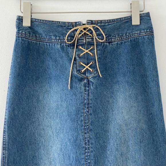 Y2K Denim Skirt w Suede Lace Up Waist - Picture 3 of 6